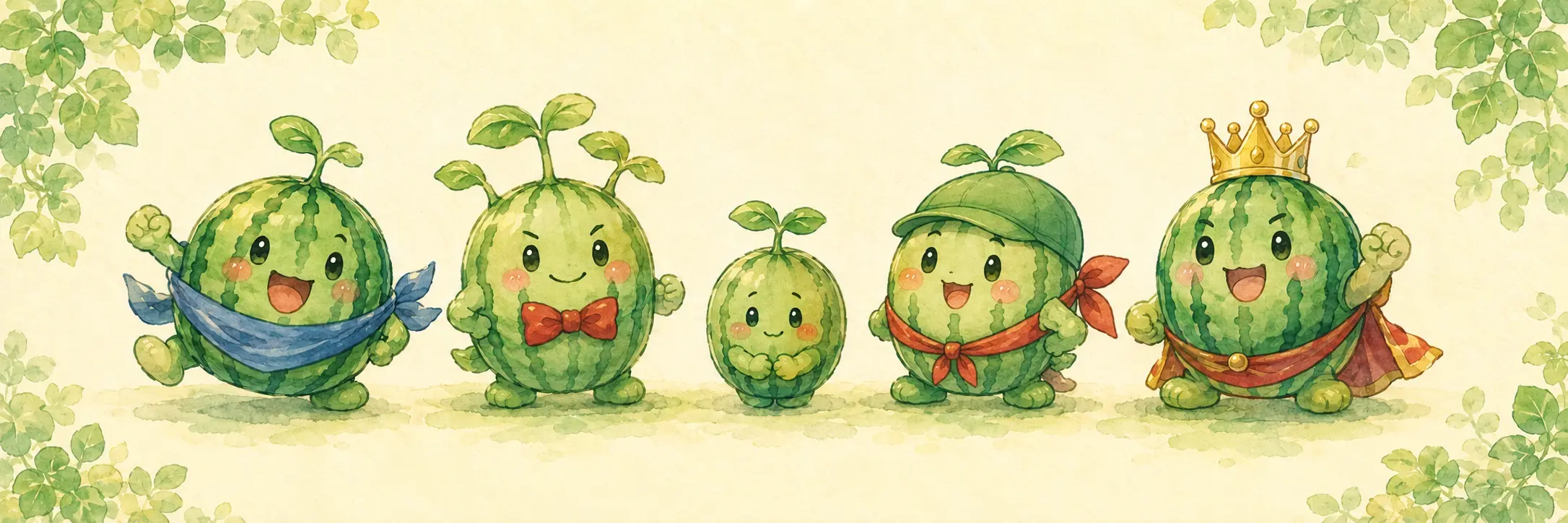 左からリムル、フシギダネ、カゲロウ、スバル、フジオカの水彩イラスト